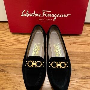 Salvatore Ferragamo Babs Black Suede Loafers with Gold Buckle